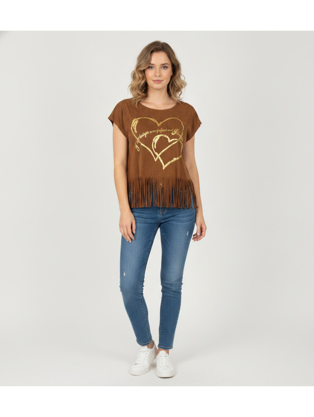Neslay Brown Faux Suede Fringe Top with Gold Heart Design